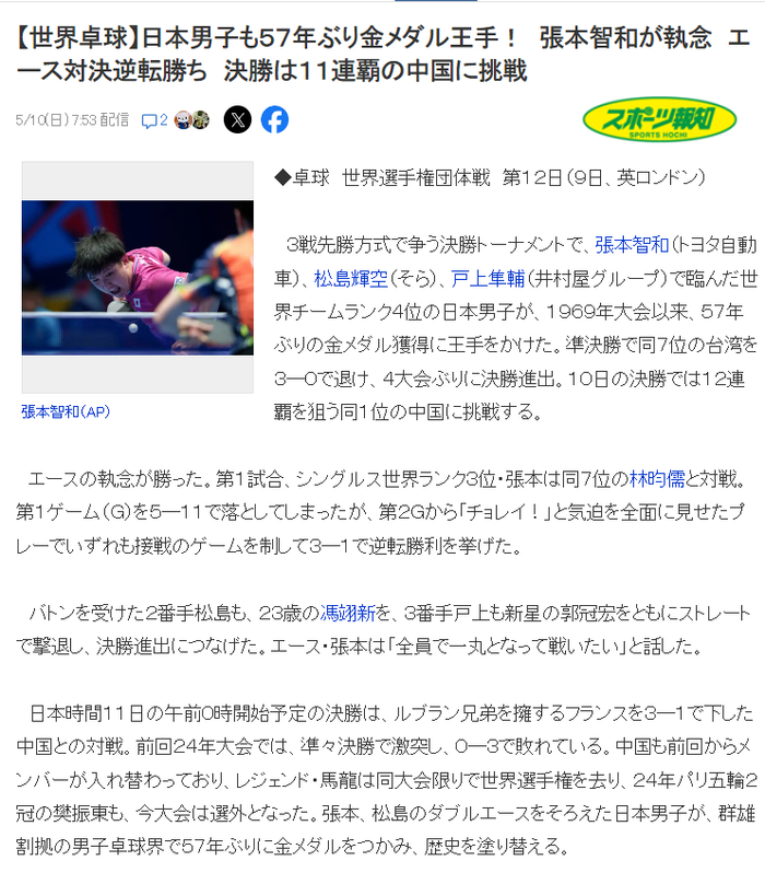 kaiyun-松岛仰天长啸+张本握拳怒吼!日乒欲破57年魔咒 日媒:挑战11连霸王者|张本智和|日本|决赛|林昀儒|世乒赛_新浪体育_新浪新闻